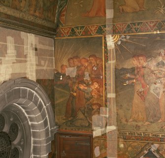 Interior. South chapel, view of mural on south wall depicting a scene from the parable of the Ten Virgins.