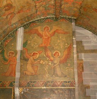 Interior. South chapel, detail of mural on west wall depicting a scene from the parable of the Ten Virgins.