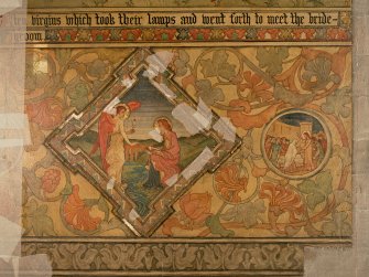 Interior. South chapel, detail of mural on west wall showing lunettes of the Annunciation and possibly the widow of Nain.