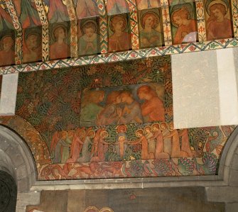 Interior. North chapel, detail of mural on north wall depicting embracing figures and below angels and saints on their knees beside the Christ child standing in his mother's lap.