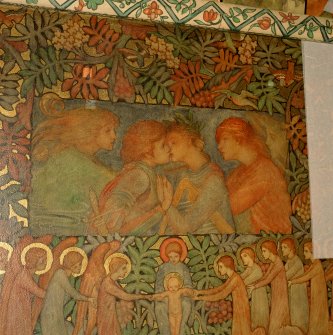 Interior. North chapel, detail of mural on north wall depicting embracing figures.