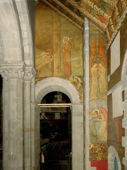 Interior. North chapel, mural on west wall depicting scenes from the parable of the Ten Virgins.