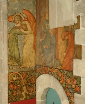 Interior. North chapel, detail of mural on west wall depicting scenes from the parable of the Ten Virgins