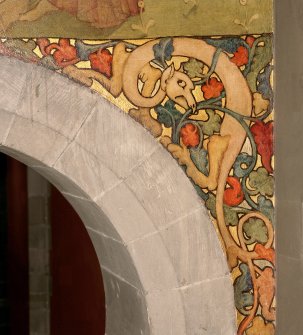 Interior. North chapel, detail of mural on west wall depicting a Celtic beast.