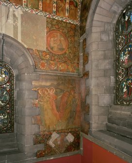 Interior. North chapel, detail of mural on north wall depicting a scene derived from the parable of the Ten Virgins and medallions of religious scenes.