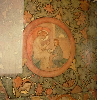 Interior. North chapel, detail of mural on north wall depicting a child being taught to read by an angel.