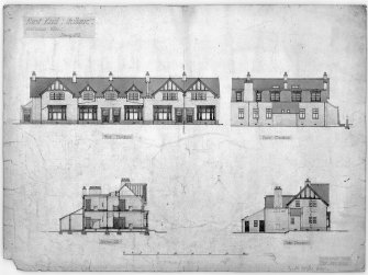 Gullane, East End, villas.
Photographic copy front, back and side elevations, section AA.
Titled:  'East End: Gullane:  Continuous Villas  Drawing No 2.'
Insc:  '35 Frederick Street Edinr. Jany 1900:'.
Insc on verso:  'East End Villas  Gullane'.
