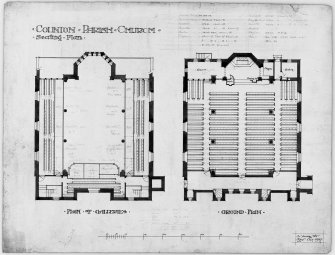 Edinburgh, Dell Road, Colinton Parish Church.
Drawing showing plan of galleries and plan of ground floor.
Insc: 'Colinton Parish Church, Seating Plan', 'Plan of Galleries, Ground Plan', '13 Young Str, Edinr, Oct. 1907'.