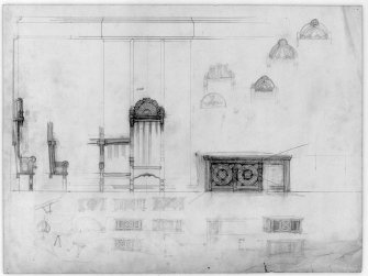 Edinburgh, Dell Road, Colinton Parish Church.
Drawing showing sketches of chairs, chests and details.