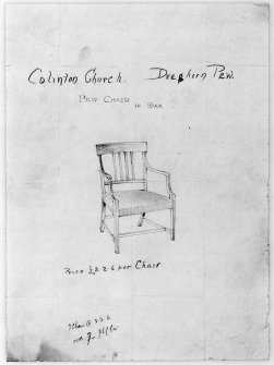 Edinburgh, Dell Road, Colinton Parish Church.
Drawing showing a pew chair.
Insc: 'Colinton Church, Dreghorn Pew, Pew Chair in Oak'.
