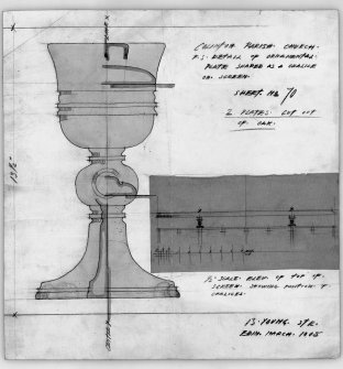 Edinburgh, Dell Road, Colinton Parish Church.
Drawing showing detail of ornamental chalice.
Insc: 'Colinton Parish Church, full size detail of ornamental plate shaped as a chalice on screen, two plates cut out of oak', '13 Young Str, Edin, March 1915'.