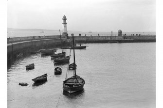 View showing old and new lighthouses (West and East), Newhaven Harbour, Edinburgh.