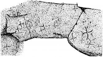 Scanned image of drawing showing carvings on rock in Smugglers' Cave, Holy Island, Arran
Page 65, figure A in 'Gazetteer of Early Medieval Sculpture in the West Highlands and Islands'