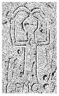 Scanned image of drawing showing carving on central buttress of King's Cave, Blackwaterfoot, Arran
Page 68, figure B of 'Gazetteer of Early Medieval Sculpture in the West Highlands and Islands'