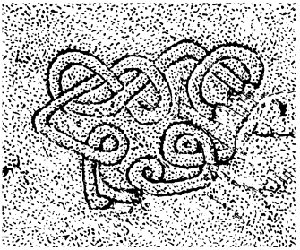 Scanned image of drawing showing interlace carving in cave to south of King's Cave, Blackwaterfoot, Arran
Page 69, figure B of 'Gazetteer of Early Medieval Sculpture in the West Highlands and Islands'