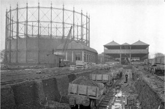 Edinburgh, Granton Gasworks
View from W of Gasholder No.1, Pumping and Meter Houses (centre) and Railway under construction, No. 1 and 2 Purifier Houses in background
