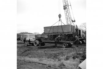 Larbert, Carron Ironworks
View of Carron wagon No. 755 being loaded upon the back of a low loader