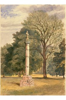 Photographic copy of watercolour inscribed; 'Remains of Edinburgh Cross at Drum'
This is a watercolour of the cross whilst it was in place at The Drum, and which is now situated in the High Street in Edinburgh