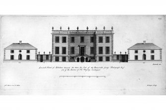 Dalmahoy House
Photographic copy engraving of West front
Insc: 'Generall Front of Belvidere toward the West the Seat of the Honurable George Dalrymple Esqr one of the Barons of His Majesty's Exchequer'
Signed: 'Gul Adam inc et delin', 'R.Cooper Sculpt'
Pen and ink, with scale