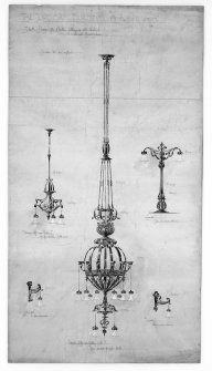 Edinburgh, 20-36 North Bridge, The Scotsman Buildings. 
Photographic copy of proposed light fittings in the advertising office.
Titled: 'The Scotsman Buildings   Advertising Office'.
Insc: 'Sketch Design for Electric Fittings in all Wrot Iron or all Bronze'.

