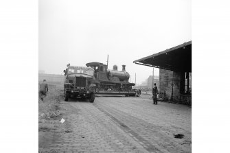 Glasgow, Govan Goods Yard
View from NE showing locomotive number 49 on trailer with part of loading shed on right