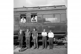 Falkirk, Wallace Street, Springfield Railway Yard
View of  the Scottish Railway Preservation Sociry Committe in front of GNSR Royal Saloon carriage