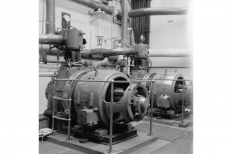 Netherplace Bleachworks, Electricity Generating Station; Interior
View of single cylinder Belliss and Morcom high speed engines with Rees Roturbo generators