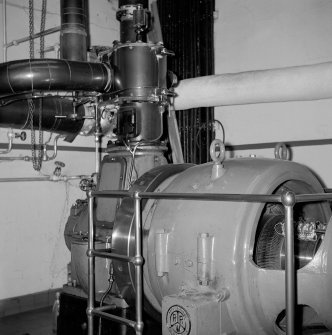 Netherplace Bleachworks, Electricity Generating Station; Interior
View of single cylinder Belliss and Morcom high speed engines with Rees Roturbo generators