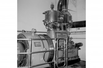Netherplace Bleachworks, Electricity Generating Station; Interior
View of compound cylinder Belliss and Morcom high speed engine with Rees Roturbo generator