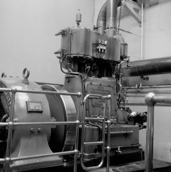 Netherplace Bleachworks, Electricity Generating Station; Interior
View of compound cylinder Belliss and Morcom high speed engine with Rees Roturbo generator
