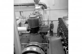 Netherplace Bleachworks, Electricity Generating Station; Interior
View of compound cylinder Howden high speed engine with Mather and Platt generator