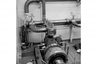 Netherplace Bleachworks, Electricity Generating Station; Interior
View of single cylinder Belliss and Morcom high speed engine with Rees Roturbo generator