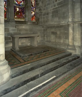 South chapel, detail of altar and floor tiles