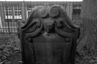 North Leith Burial Ground.
View of gravestone, Hall and Horn, volutes and lillies top, soul centre with drape and inscription.