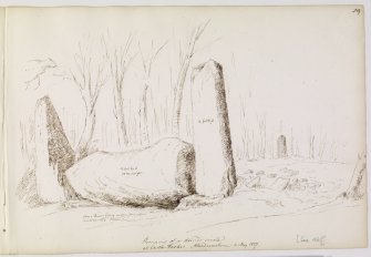 Annotated drawing of recumbent stone circle at Cothiemuir Wood.
Titled: 'Remains of a druid circle at Castle Forbes, Aberdeenshire. 2 May 1827'. 'Some decay (?) bones were found under the stone'.