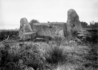 View of recumbent stone and flankers.
Original negative captioned 'Auchquhorthies Stone Circle, near Inverurie Rec Stone from inside of Circle Nov 1908'.
