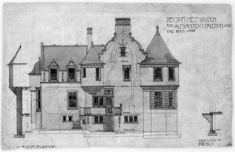Scanned copy of design for West elevation.
Titled: 'The.Croft.Helensburgh. For. Alex.N.Paterson.Esq.' 'West Elevation'
Scanned image of DBD 41/8 P.