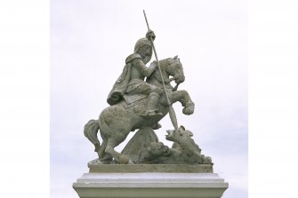 Horseman slaying dragon on statue to West of Italian Chapel, Lamb Holm.