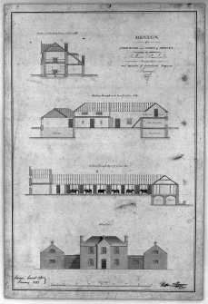 Balliemore Farm.
Photographic copy of drawing of section and elevation of farmhouse and court of offices.
Insc: 'Design of a Farm House and Court Offices for Ballimore Kilmichael the property of Neil Malcolm Poltalloch Esquire', 'January 1832', 'Section of Dwelling House online AB', 'Section through miln barn online CD', 'Section through Byre on line BC', 'Elevation', ' Crinan Canal Office January 1832', 'William Thomson Architect'.