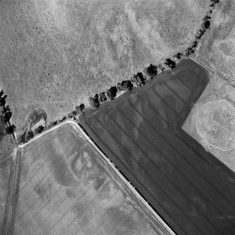 Aerial view of Doon Hill, taken from the NE, centred on a cropmark of a possible palisaded enclosure.  A cropmark of a rectilinear enclosure, situated to the S, is visible in the centre left of the photograph.  A timber hall encloure, situated to the N, is visible in the bottom centre of the photograph.