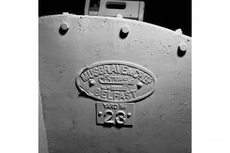 South tunnel, plant room, extractor fan, detail of manufacturer's name-plate. MUSGRAVE & CO. BELFAST.