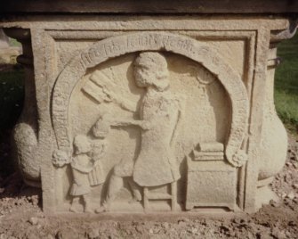 Detail of end panel to tabletomb of Thomas Sommerville, schoolmaster, Newton Parish Church burial ground.