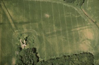 Scanned image of Moncur, oblique aerial view centred on a fortified house and associated linear cropmarks.