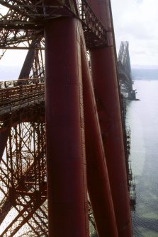 Forth Bridge:  View from west side of Fife Cantilever inside elevator cage, being taken to the top of the bridge (portrait view)