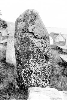 Reverse of Pictish symbol stone.
Original negative captioned: 'Sculptured Stone (Back) in Migvie Churchyard 1904'.