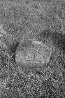 Stone in graveyard bearing incised cross.
Original negative captioned: 'Stone with Cross in Monymusk Churchyard. Stone 9 inches above ground. 11 in. wide 4 inches thick Arms of Cross each 3 in long (6 in. together), 1/2 in wide 1 in wide at end of each arm May 1910'.
