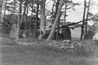 View of recumbent stone, flankers and another stone of the circle.
Original negative captioned 'Stone Circle at Old Keig, View from South West / June 1904'.