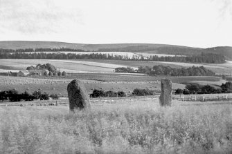 View of two standing stones.
Original negative captioned 'Remains of Stone Circle at Mill of Noth, Rhynie. Sept 1905'.