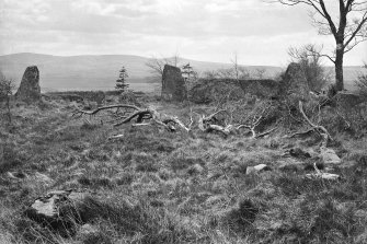View of recumbent, flankers, and western stone of circle.
Original negative captioned 'Old Keig Stone Circle view from inside circle looking South 1908'.
