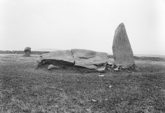 View of recumbent, flanker and one of the stones of the circle.
Original negative captioned 'Remains of stone circle at Inschfield, near Insch. Sep 1901'.